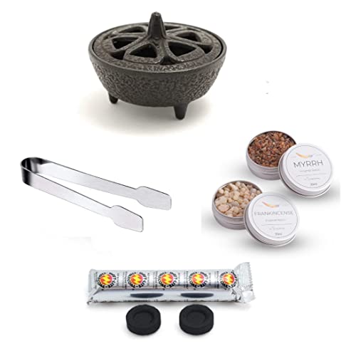 Kit brûleur d'encens en résine avec encens et myrrhe en fonte + boîte de 30 ml d'encens et de myrrhe + 10 disques de charbon + pince en acier inoxydable Cover