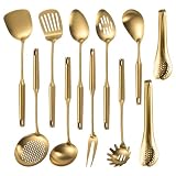 304 Stainlss Steel Matte Kitchen Utensils Set, 11 Pcs Long Metal Cooking Utensil Gadgets Tools Set with Spatula, Spoon, Ladle, Skimmer, Tunner, Pasta Server, Tongs(Gold, Dishwasher Safe)