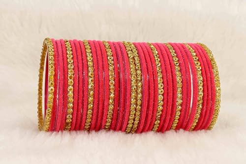 Image of NMII Premium Glass & Golden Beads Velvet Bangle Set For Women and Girls | Velvet Chudi | Traditional Chudi Set | Designer Girl's Bangles Bracelet | Wedding, Party, Festive, Daily- Set of 34