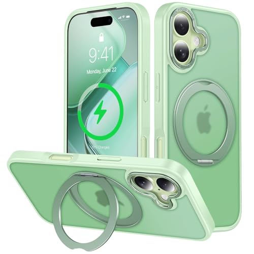 iPhone 17 用 ケース Magsafe対応 ワイヤレス充電 360°回転スタンド 縦横両対応 Gunwon スマホケース あいふおん 17 用 米軍規格 耐衝撃 半透明 マット感 マグセーフ 防指紋 リング マグネット搭載 アイフォン17 用 カバー「白緑」