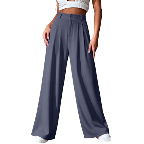 Pantalon fluide femme à taille haute et bouton élégant avec coupe large effet affinant