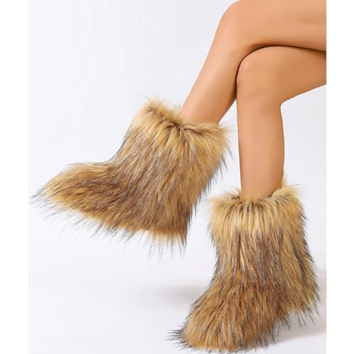 yamerbo Women's Faux Fur Boots Furry Fuzzy Fluffy Y2k Winter Snow Shoes Puffy Warm Short Mid-Calf Boots for Outdoor-Brown4