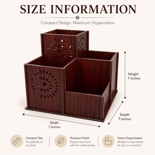 Image of Zesta Wooden Desk Organizer Pen Stand Remote Holder Card Slot | Table Accessory Office Desk Study Room | Pencil Storage Stand Stylish Workspace Decor (Rosewood, 4 Compartment Organiser)