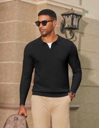 COOFANDY Men's Knit Polo Sweater Long Sleeve V-Neck Pullover Sweaters Casual Collared Ribbed Knitted Polos4