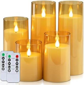 Homemory Amber Flickering Flameless Candles, Battery Operated Acrylic LED Pillar Candles with Remote Control and Timer, Fall Candles, Set of 5