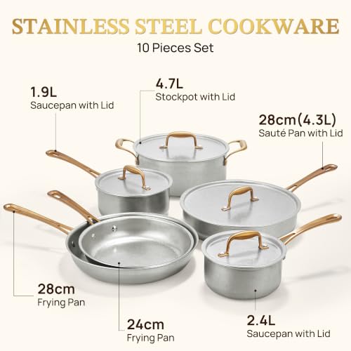 Image of KOKHUB Vintage 10 Pcs Stainless Steel Pots and Pans Set Non Toxic | Tri-Ply Induction Cookware, Cooking Pan Set, PFAS /PTFE /PFOA /PFOS Free, Compatible with All Cooktops