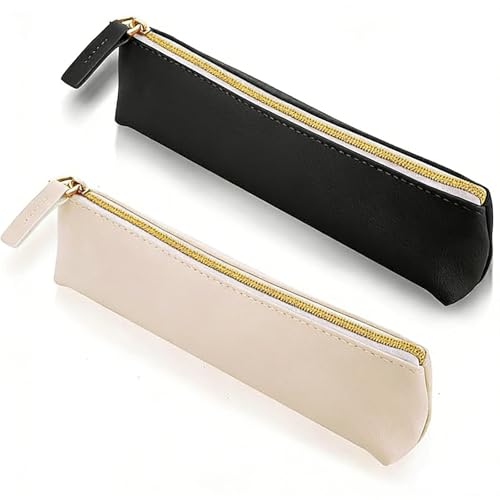 2 Pcs PU Leather Pencil Small Pencil Pouch Penciles Bag Penciles Case with Zipper Small Slim Design Portable Pen Bag Cute Stationery Pen Pouch Bags for Pens Pencils Markers(Black & Beige)