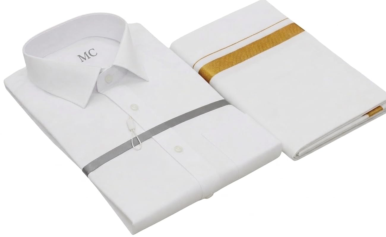Men’s Full Sleeve Shirt with 1/2 Inch Gold Jari Border Dhoti Set | Traditional South Indian Ethnic Wear for Wedding & Festive Occasions-image-20