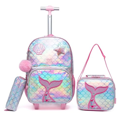 Kit Mochila De Rodinhas Feminina Bolsa Escolar Infantil Sereia