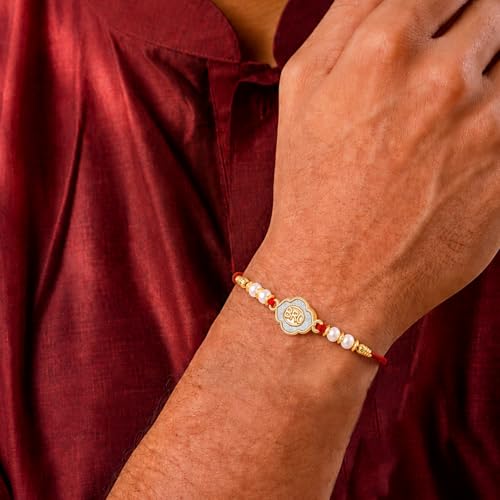 Image of Peora CZ Pearl & Crystals Studded Thread Rakhi for Brother Bhaiya | Combo Set of 3 | Raksha Bandhan Hamper with Roli Chawal & Greeting Card