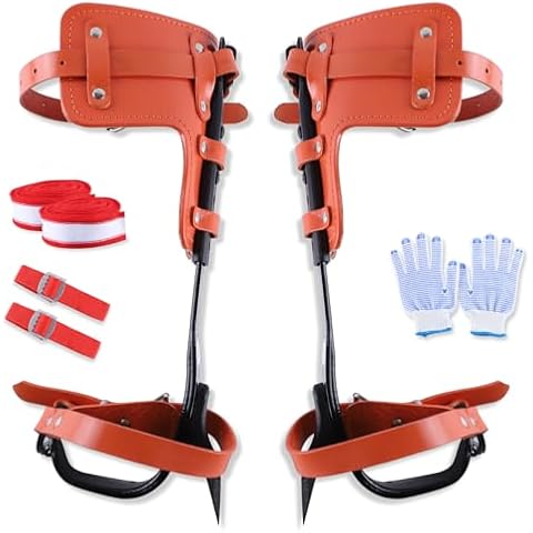 Jidaonop Upgraded Leather Tree Climbing Spikes Set, Tree Climbing Gear Kit with Adjustable Straps, Arborist Climbing Equipment for Tree Work, Picking Fruits, Hunting, Observation - Orange Cover