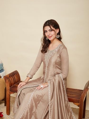 Image of MOKOSH Women's Silk Embroidery Anarkali Kurta Pant with Dupatta | Anarkali Kurta Set | Round Neck Full Sleeve Ethnic Suit | Indian Kurta Outfit with Pant | 3 Piece Outfit