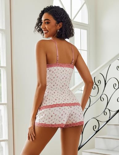 [WAHALAA] Women Cami Pajama Set Modal Sleepwear Lace Trim Short PJ Set with Shorts