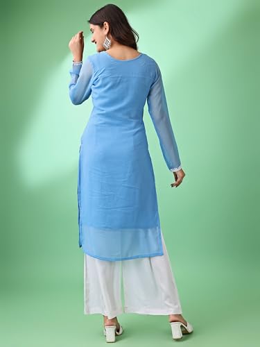 Image of HESVI Women's Georgette White Lakhnavi Chikankari Kurti with Intricate Embroidery Work