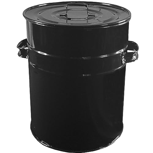30L Black Ash Bin Bucket with Flat Lid & Handles for Fireplaces Fire Pits Wood Coal Burning Stove Metal Charcoal Bin Box Outdoor or Indoor 30 Litre - Gloss Black