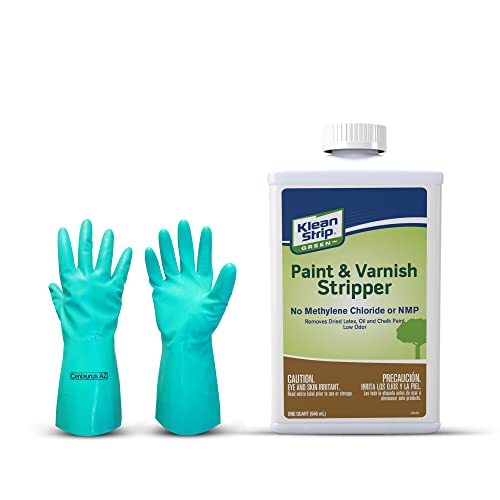 Klean Strip Green Paint & Varnish Stripper- Strips Layers of Latex Paints, Oil Based Paint, Lacquer, Wax & Stain from Wood, Metal & Masonry Surfaces- 32oz with Centaurus AZ Chemical Resistant Gloves