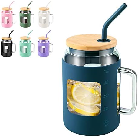 FUNUS Glass Coffee Tumbler, 32oz/50oz Glass Travel Mug with Bamboo Lid and Straw, Handle, Silicone Sleeve for Spill-Proof Design, Reusable Wide Mouth and Perfect for Iced Coffee and Drinks.