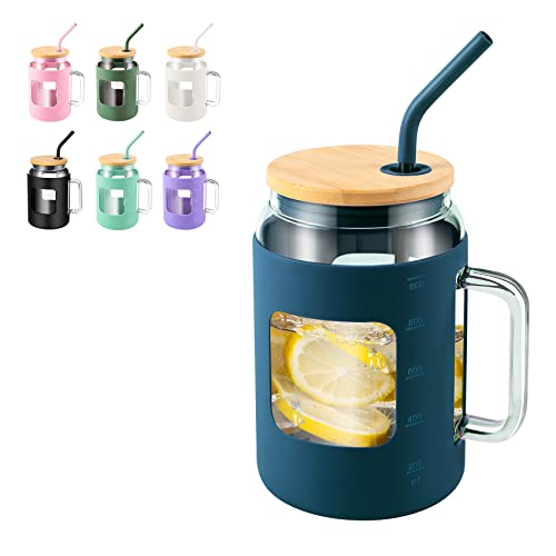 Funus Glass Coffee Tumbler, 32Oz/50Oz Glass Travel Mug With Bamboo Lid And Straw, Handle, Silicone Sleeve For Spill-Proof Design, Reusable Wide Mouth And Perfect For Iced Coffee And Drinks. #TOP3