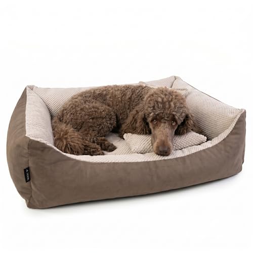 4L Textil Teo Kuscheliges Hundebett Bezug abnehmbar und waschbar Hundekorb mittelgroße Hunde Hundekissen flauschig Hundekörbchen Hundesofa (120x100 cm, Braun/Beige)