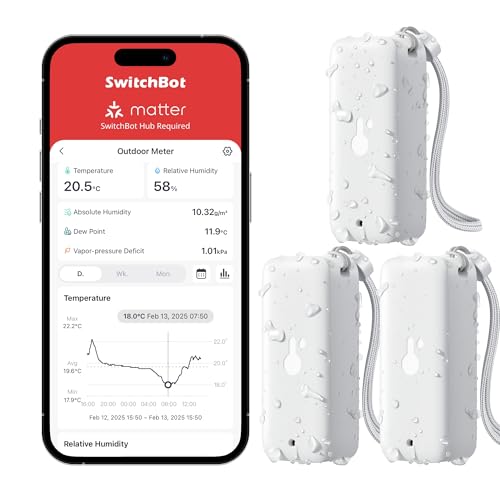 SwitchBot IP65 Termómetro Higrómetro de Exterior, 100m Bluetooth Alcance, Termohigrómetro de Interior, Punto de rocío/VPD/Sensor de Humedad Absoluto, Exportación gratuita de datos, 2 años de Batería
