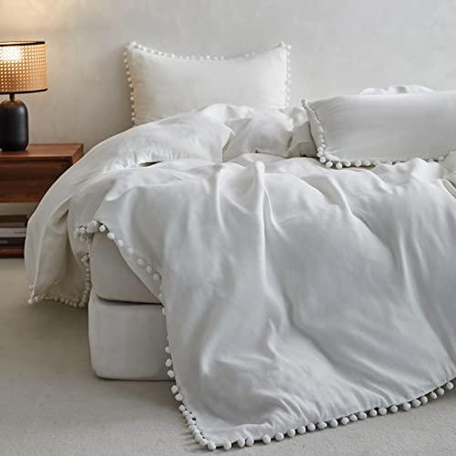 Simple&Opulence Linen And Bamboo Viscose Duvet Cover With Pom Pom Trim Farmhouse Flax Bedding Set - 1 Boho Comforter Cover And 2 Pillowshams - Queen, White #TOP6