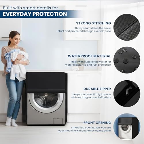Image of Waterproof & Dustproof Front Load Washing Machine Cover Compatible for LG 12kg (FHD1208STB) | UV-Protective Washing Machine Cover | Anti-Slip Polyester | Easy to Clean & Zipper (Black)