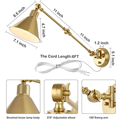 Image of TRLIFE Wall Sconces Plug in, Dimmable Wall Sconces Brushed Brass Swing Arm Wall Lights Plug in Wall Mounted Light Industrial Wall Lights with 6FT Plug in Cord, E26 Base, UL Listed(Two Arms, 2 Pack)