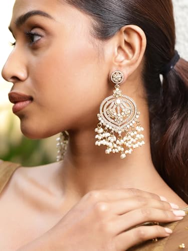 Image of Rubans Chandelier Earrings Kundan Pearl Traditional Jewellery Wedding Festive Gift for Women & Girls