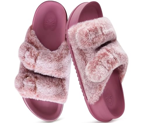 Image of KuaiLu Women's Fluff Slippers Plantar Fasciitis Arch Support Platform Slippers Ladies Fashion Open Toe Faux Fur Sliders Womens House Slipper Size 6-12