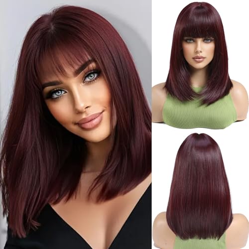 OUFEI Dark Wine Red Bob Wig With Bangs Short Straight Wig For Women Synthetic Hair Wigs for Daily Party Cosplay Wear