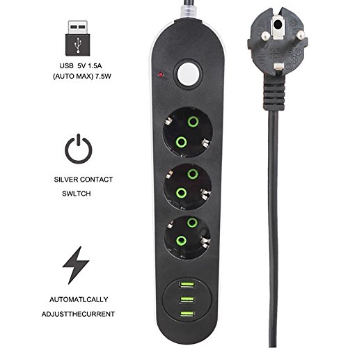 Preisvergleich Produktbild Teepao 3 Gang Überspannungsschutz-Verlängerungska... 3-Fach Geschaltete Steckdose 3 USB-Anschlüsse Verlängerungskabel Überspannungsschutz 6,56FT / 2M Kabel - EU-Stecker