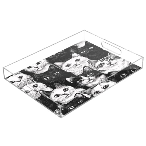 Msyxl White Cat Doodle Serving Tray for Coffee Table, Decorative Acrylic Tray White Cat Doodle Tray with with Handles for Breakfast, Ottoman, Countertop, 12x16 in