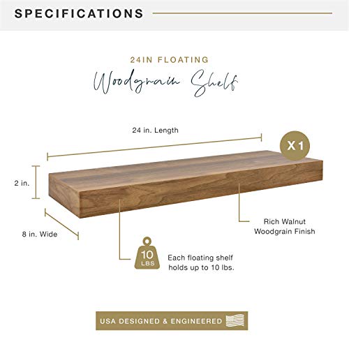 Image of MCS Floating Shelf, Room Decor Wooden Shelf, Walnut Woodgrain, 24 x 8 Inch