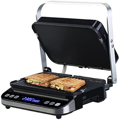 Rosenstein & Söhne Sandwichtoaster: Digitaler Panini-, Sandwich- & Kontaktgrill, Timer & Memory, 2.000 W (Griller, Plattengrill, Grillspiesse)