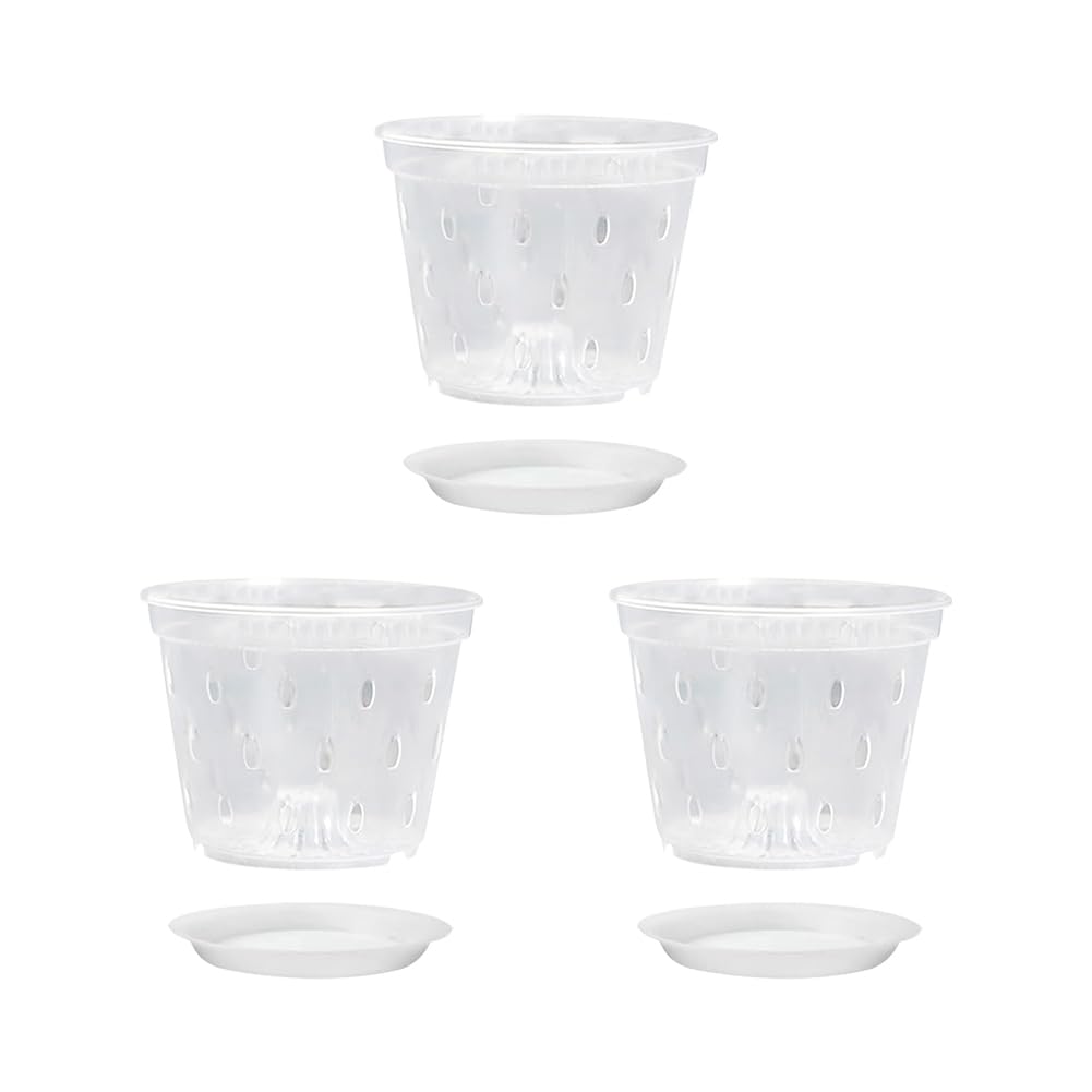 JIHUOO 3 Pcs Plastic Orchid Pots Clear Flower Pots Orchid Nursery Planters Breathable Planter Pots Transparent Plant Pots with Drainage Holes and Saucers 12cm