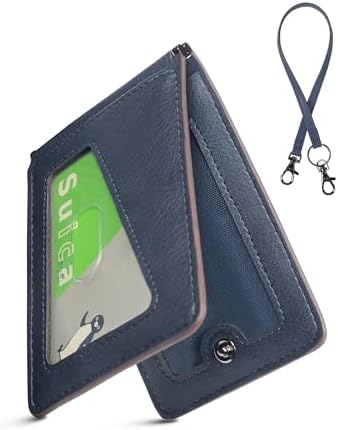 （05:00時点） [LuoLuo] 定期入れ メンズ パスケース 5枚収納 本革Dカン 薄型 バタフライ ICカード2枚使用可能 ストラップ付き 通勤 通学 (ネイビー)