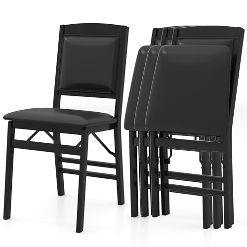 Image of COSTWAY Folding Dining Chairs Set of 4, Wooden Kitchen Side Chairs w /Padded Seat, Solid Wood Frame, 400 LBS Load Bearing, No Assembly Needed, Vintage Foldable Chairs for Dining Living Room, Black
