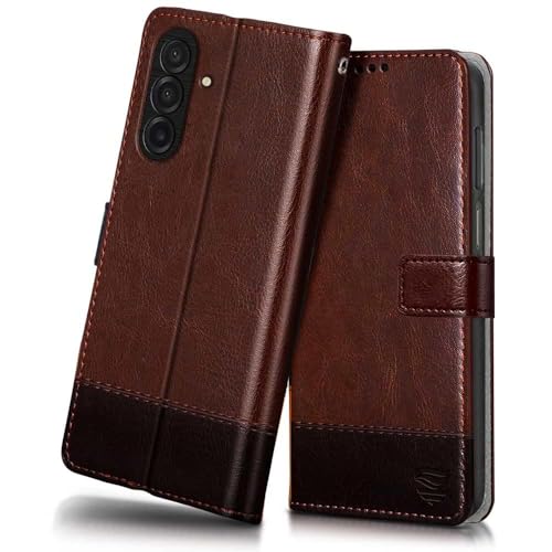 Image of FLIPPED Vegan Leather Flip Case Back Cover for Samsung Galaxy M17 5G | A17 5G | F17 5G (Flexible, Shock Proof | Hand Stitched Leather Finish | Card Pockets Wallet & Stand | Brown with Coffee)