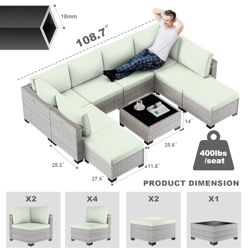 Image of Outdoor PE Wicker Rattan Modular Patio Sectional Sofa Set | 9-Piece: 6 Modular Seats, Coffee Table & 2 Ottomans, Light Green