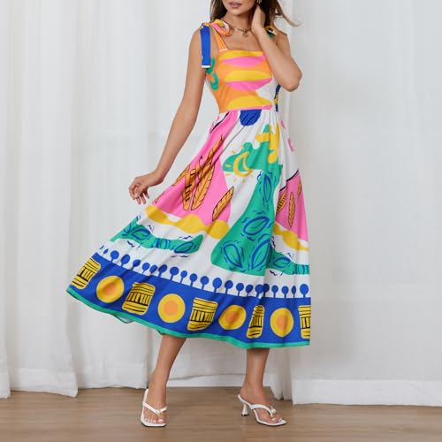 Image of Women Y2k Boho Maxi Dress Tie Shoulder Backless Strappy Tiered Flowy Dress 2024 Summer Floral Beach Sundress