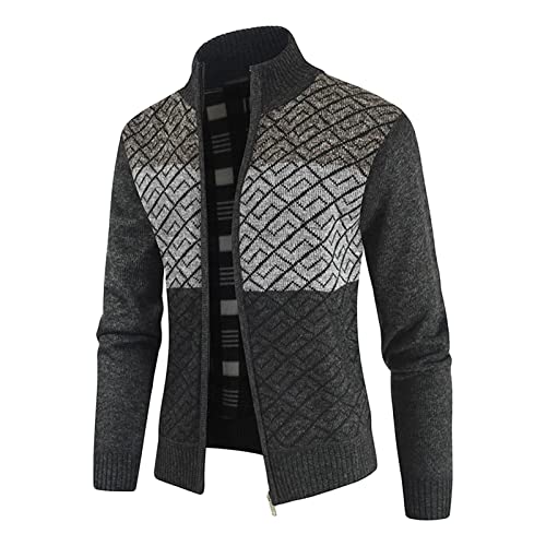 Men's Casual Thick Knitted Cardigan Sweaters Color Block Full Zip Knit Sweater Long Sleeve Fleece Winter Cardigans (Brown,4X-Large)