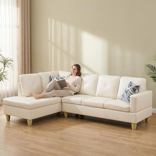 SCHUTEO 97" Sectional Couch, L Shaped 4 Seater PU Faux Leather Sofa w/Chaise Lounge, Comfy Modern Modular Couch for Living Room, Apartment, Off-White, Right, 2PCS