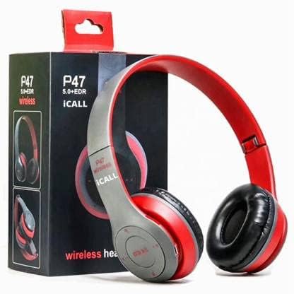 icall Over The Head Wireless Bluetooth Headphone with Soft Ear Cousions for Gaming with AUX & MP3 Support for Gaming & Music for All Compatible Device (Red)
