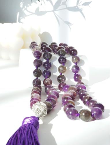 FISYOURS Mala Beads 108 Necklace, Handmade Natural Amethyst with Alloy Guru Bead & Tassel, 43.2 Inches Bracelet for Meditation, Yoga & Mindfulness — view 5