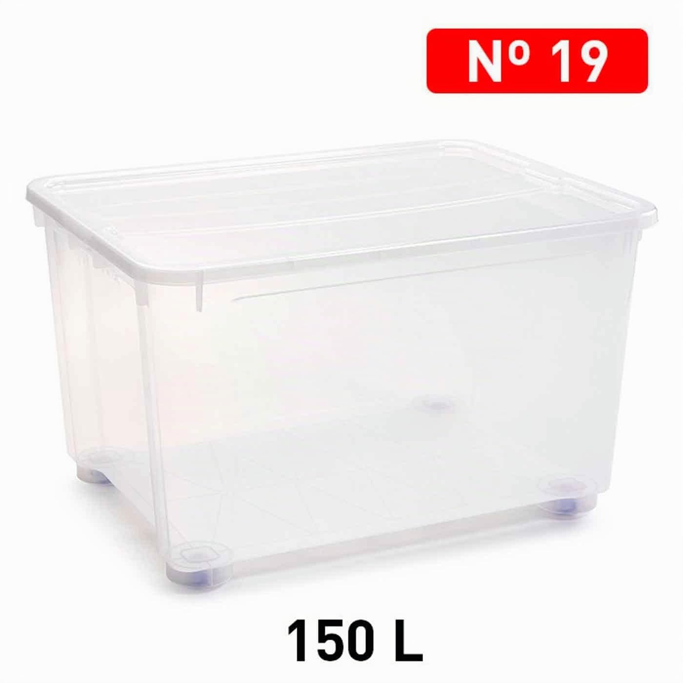 Plastic Forte - Contenitore in plastica trasparente, 45 x 79 x 59 cm, capacità 150 litri, contenitore in plastica con coperchio, senza ruote, 150 l