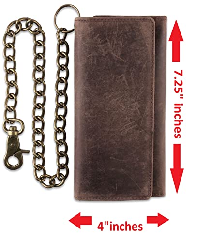 Image of F&L CLASSIC RFID Blocking Mens Tri-fold Long Style Cowhide Leather Steel Chain Wallet,Antique dark brown