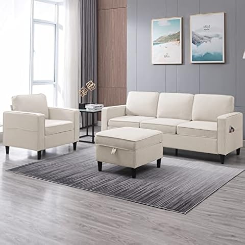 ijuicy 2PCS Sectional Sofa Set,3 Seat Couch & Armchair with Side Pockets & Movable Storage Ottoman, Modern Convertible Upholstered Sofa Couches for Living Room,Office (3+1Seat/Beige) Cover