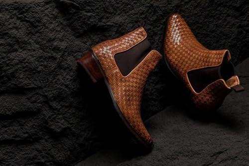 Image of CALTO Men's Invisible Height Increasing Elevator Shoes - Brown Premium Leather Woven Slip-on Chelsea Ankle Boots - 3.3 Inches Taller - K30522 - Size 7.5 D(M) US