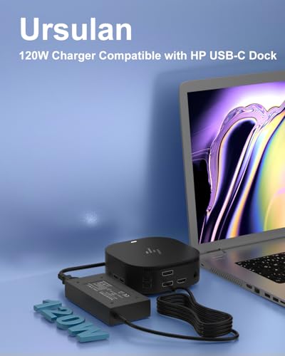 Image of 120W Charger Compatible with HP 710415-001 L41856-001 G5 5TW10UT 5TW10AA 5TW10UT#ABA Universal Dock G2 5TW13AA Envy 15 17 Series Omen 15-5000 5100 5200 USB-C Power Supply Adapter Cord