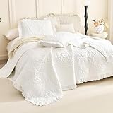 Lady Ann Cream White Oversized King Quilt Set, Stone-Washed Ruffle Oversized King Bedspreads 128x120 for Bed, Lightweight 3 PCS Quilted Crinkled Coverlet Farmhouse Rustic Shabby Bedding Set All Season